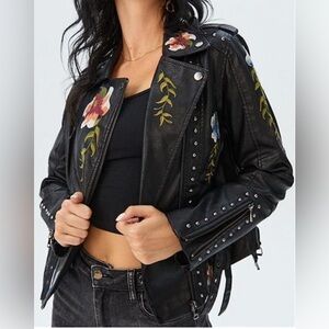 Women's Black Floral Embroidered Faux Leather Moto Jacket